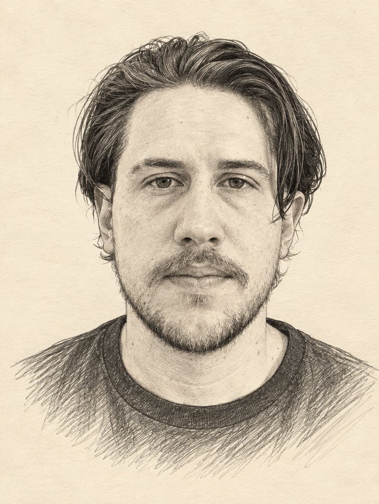 Retrato em ilustração a lápis, gerado por IA a partir da foto real